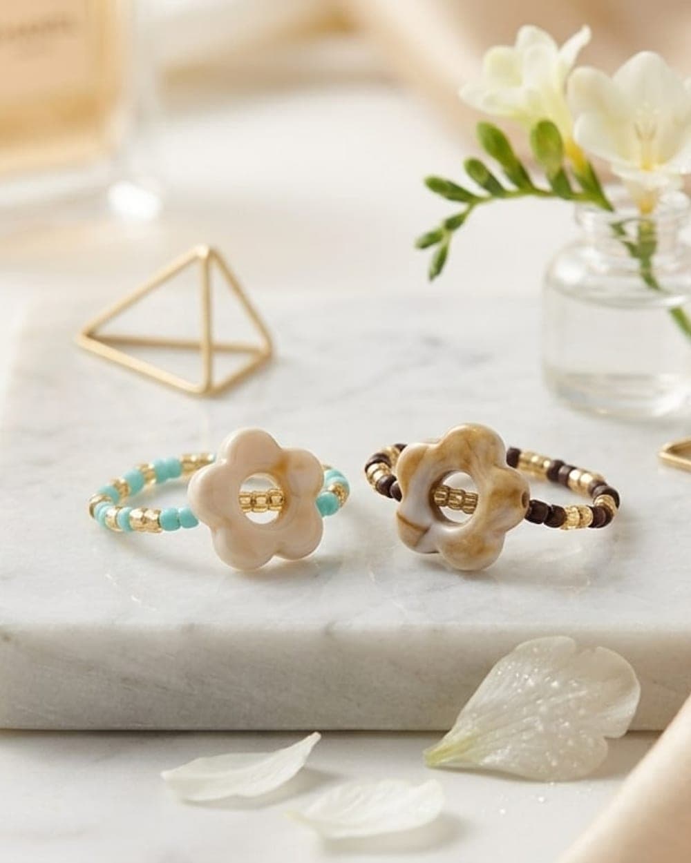Bagues Fleur — Duo Turquoise & Chocolat
