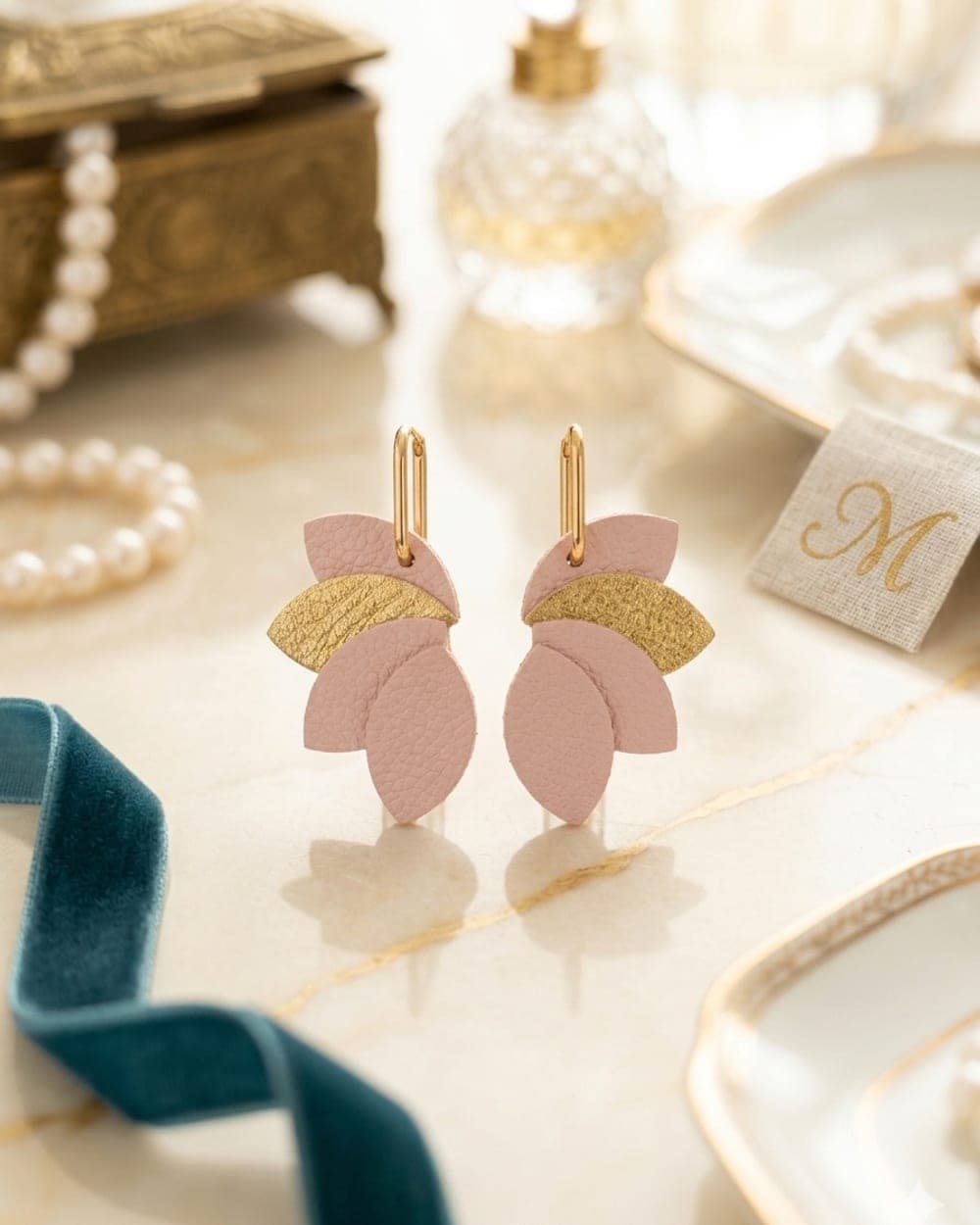 Boucles d'oreilles Feuillage — Rose Poudré & Or — vue 1