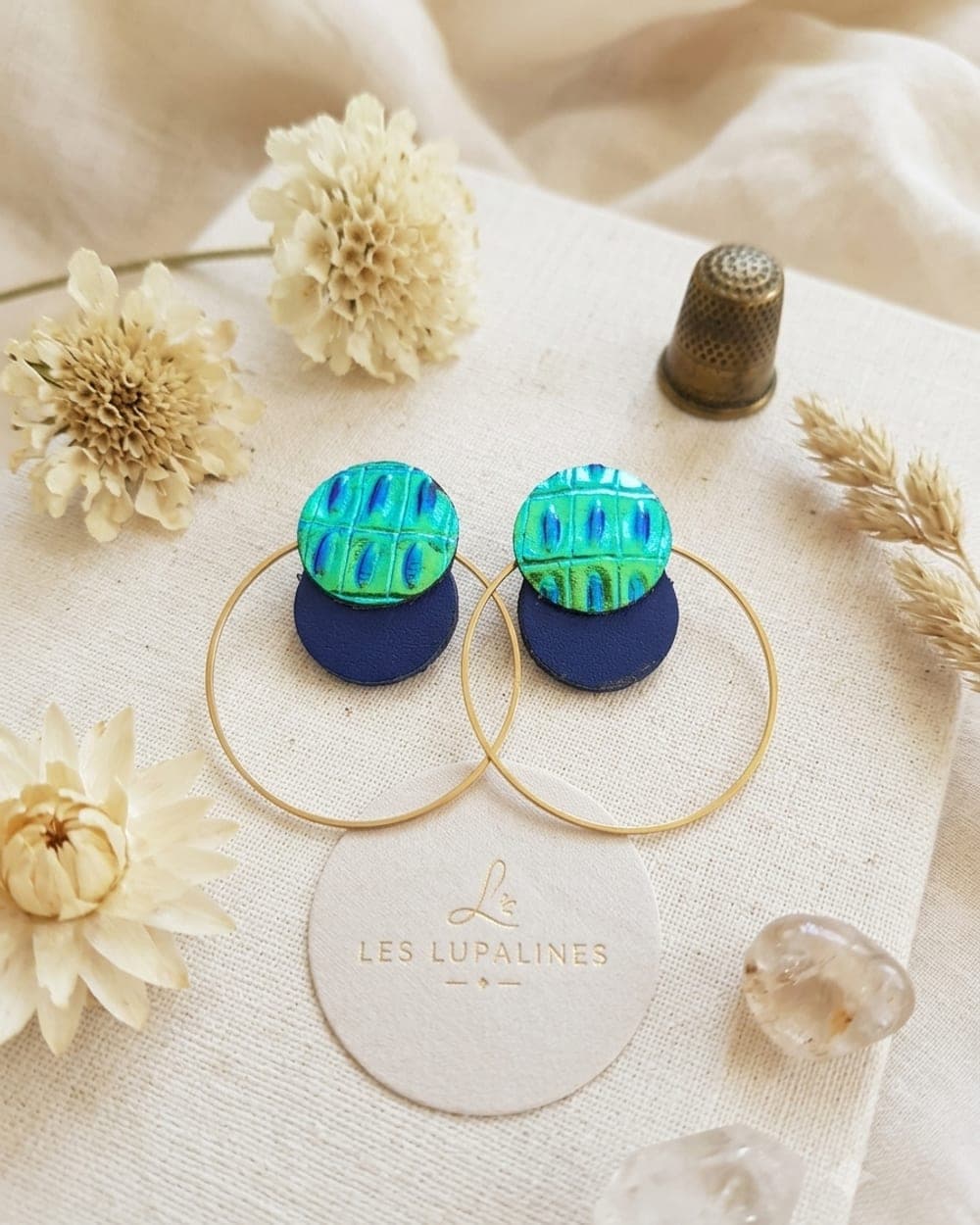 Boucles d'oreilles Créoles Riva — Vert Émeraude & Bleu Marine — vue 1